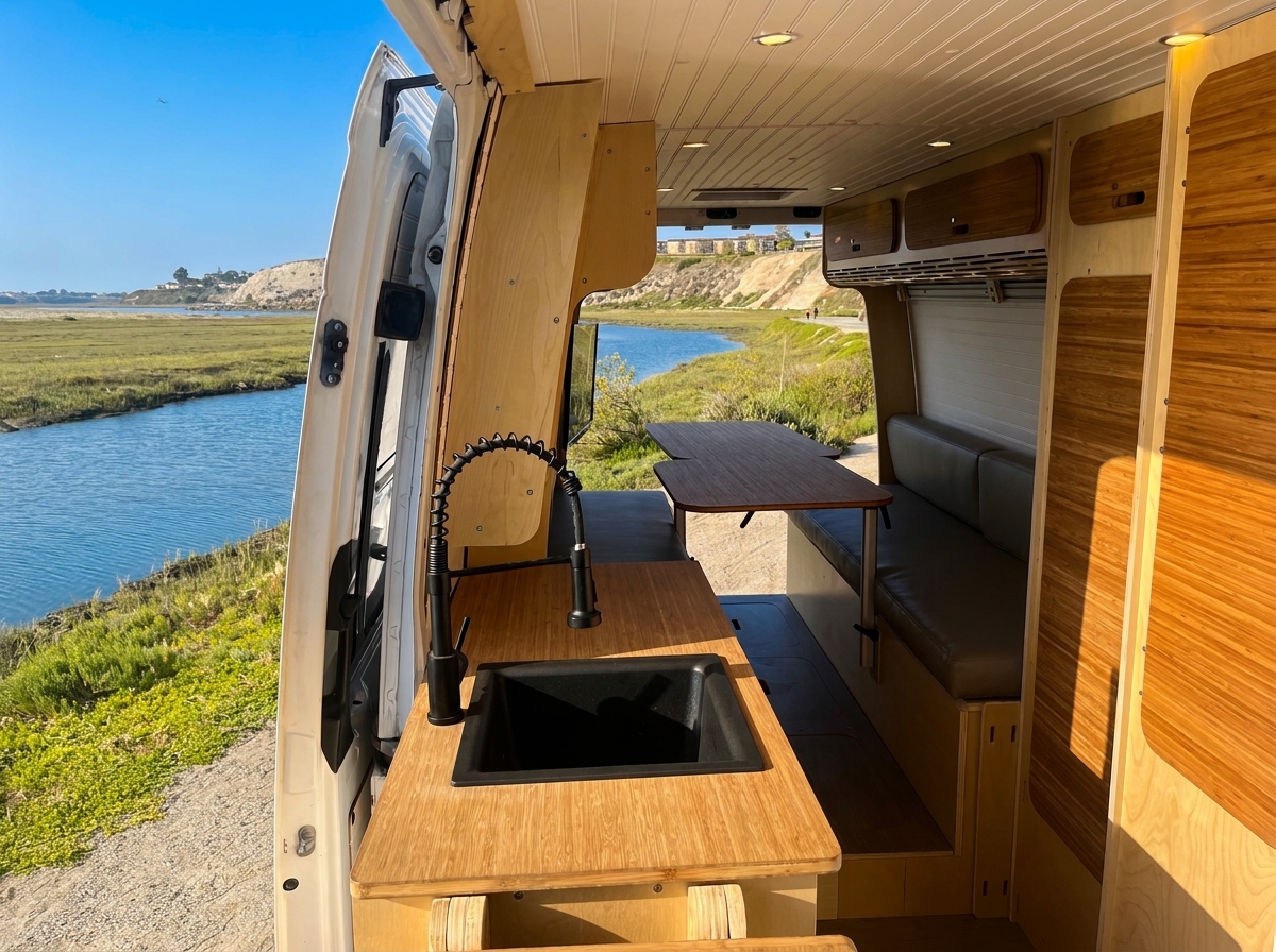 Vantopia Van Baltic birch and bamboo galley and dinette interior